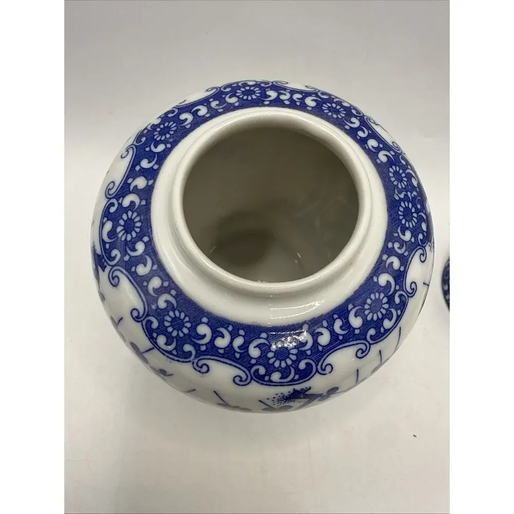 Blue & White Porcelain Floral Ginger Jar Style Lidded Jar Made in Japan *